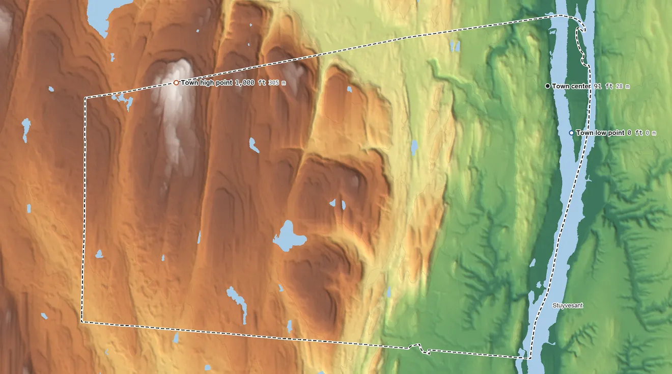 Topographic elevation map of New Baltimore, New York, shaded from 0 ft near the middle to 1,000 ft on the west side