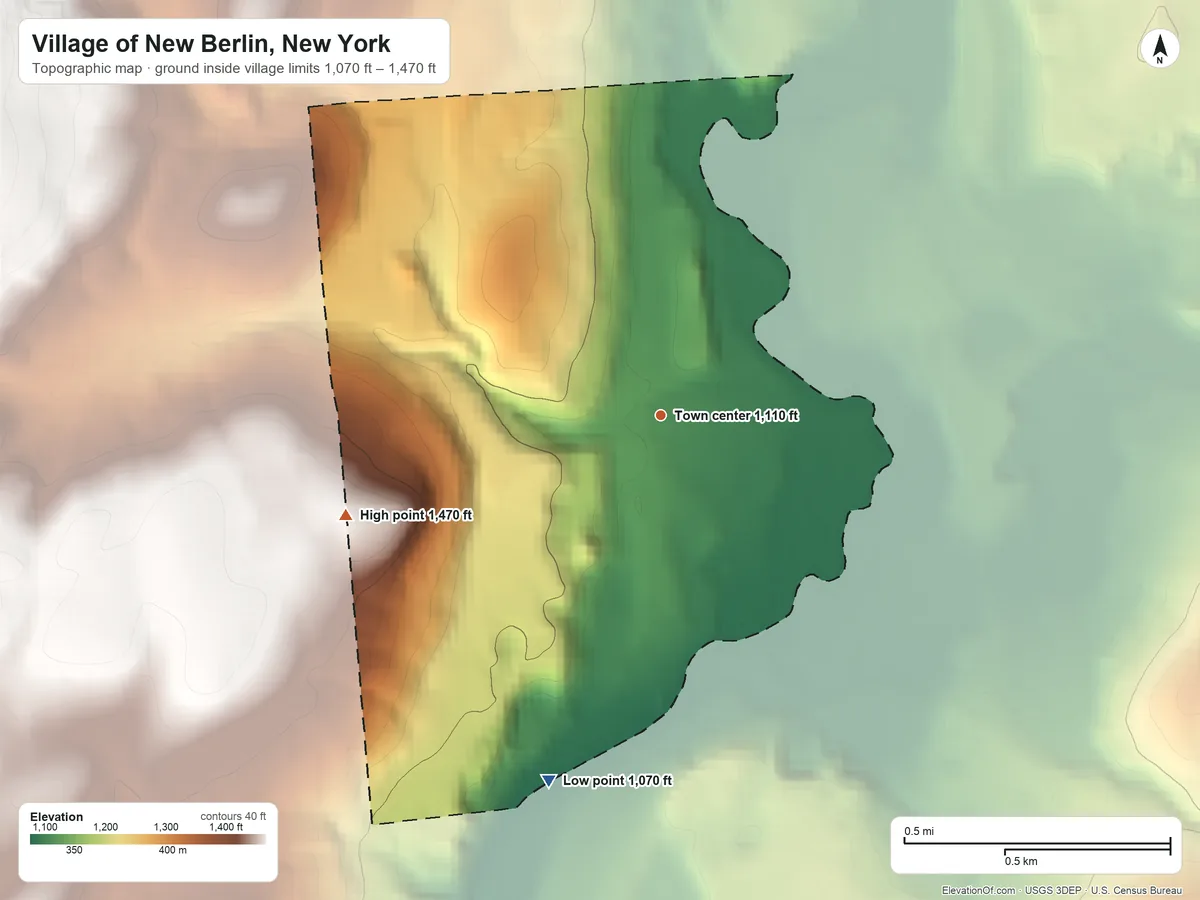 Topographic elevation map of Village of New Berlin, New York, shaded from 1,070 ft on the south side to 1,470 ft on the west edge, below higher ground just outside