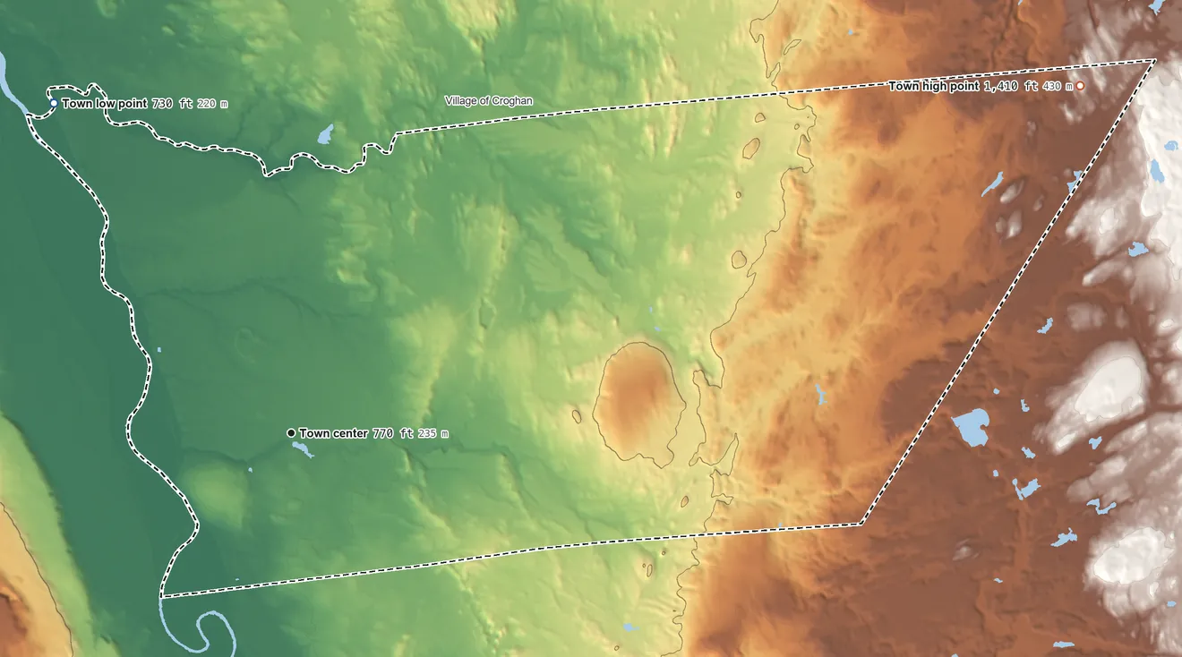 Topographic elevation map of New Bremen, New York, shaded from 730 ft on the northwest side to 1,410 ft on the northeast side