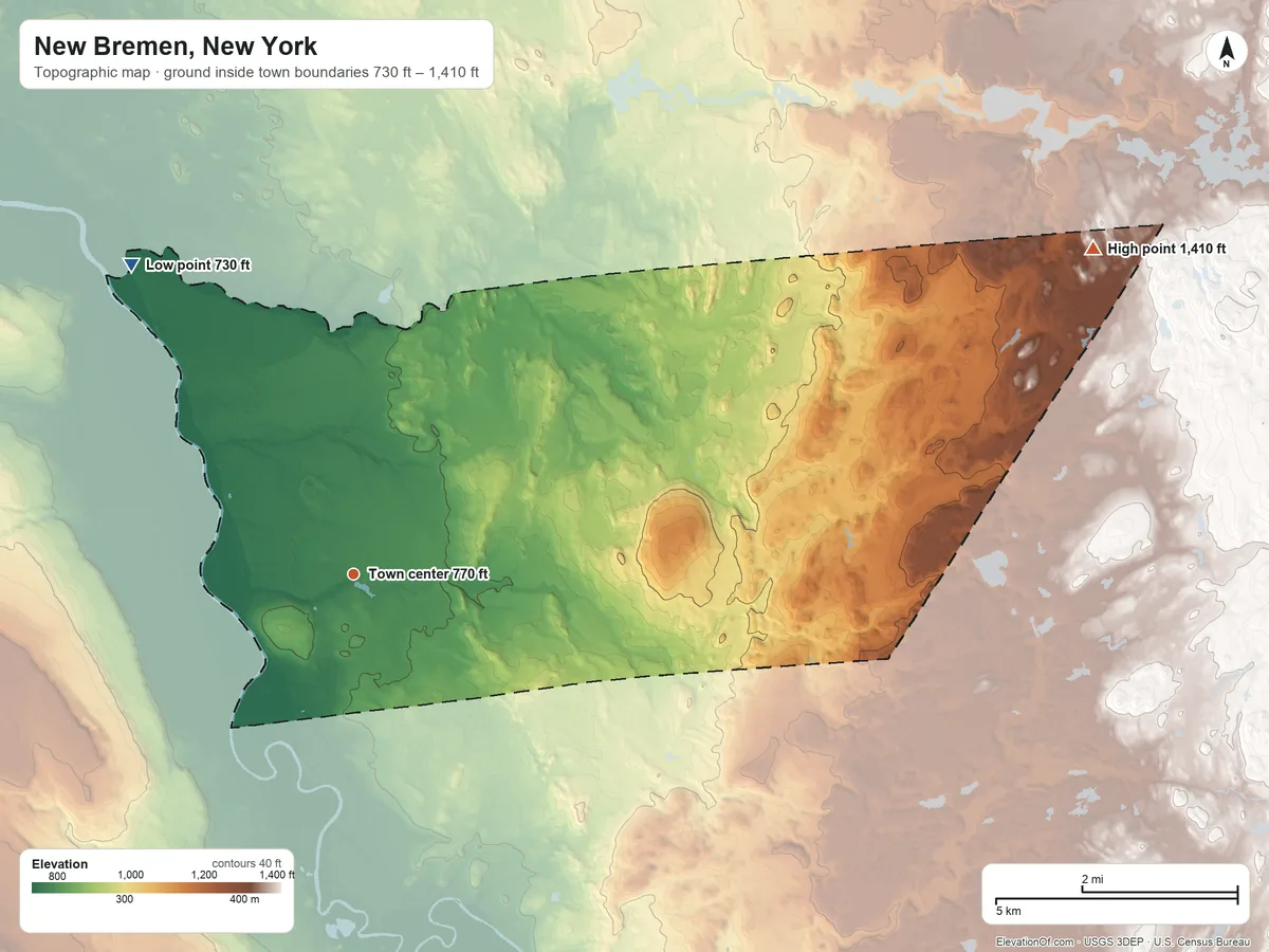 Topographic elevation map of New Bremen, New York, shaded from 730 ft on the northwest side to 1,410 ft on the northeast side