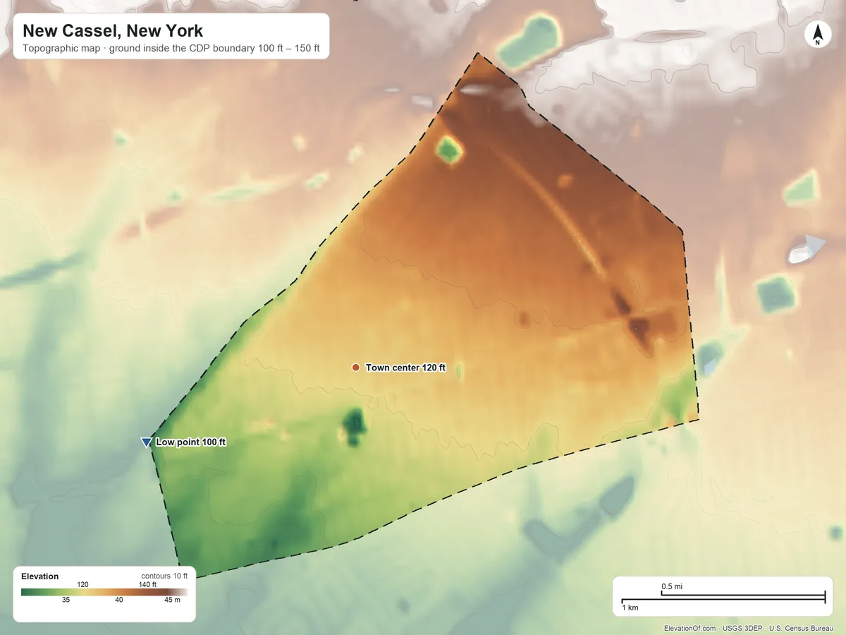 Topographic elevation map of New Cassel, New York, shaded from 100 ft on the west side to 150 ft on the north side