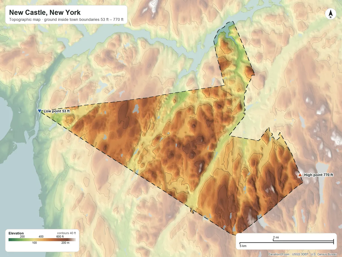 Topographic elevation map of New Castle, New York, shaded from 53 ft on the west side to 770 ft on the east side