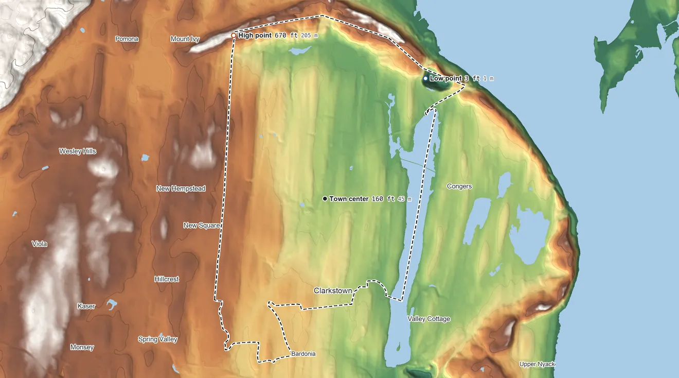 Topographic elevation map of New City, New York, shaded from 3 ft on the northeast side to 670 ft on the northwest side