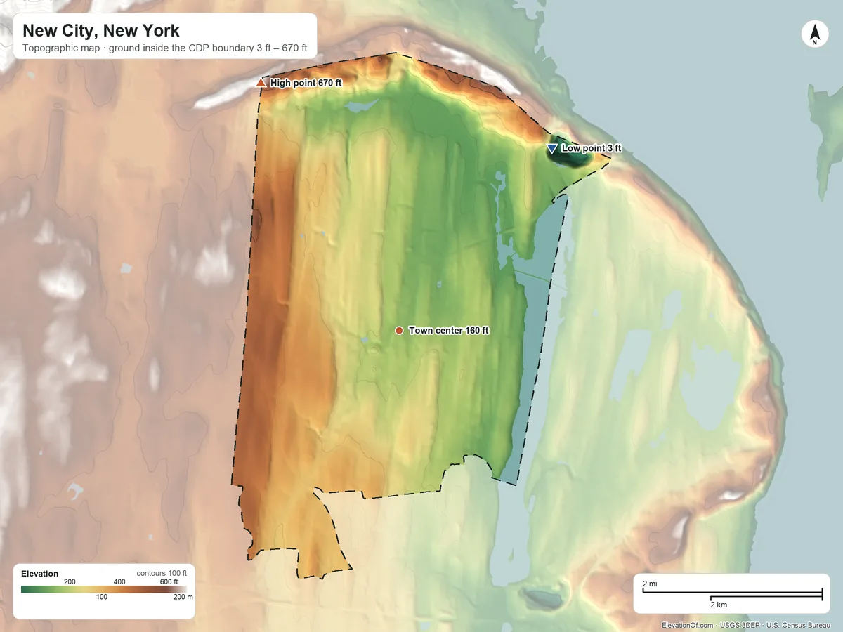 Topographic elevation map of New City, New York, shaded from 3 ft on the northeast side to 670 ft on the northwest side