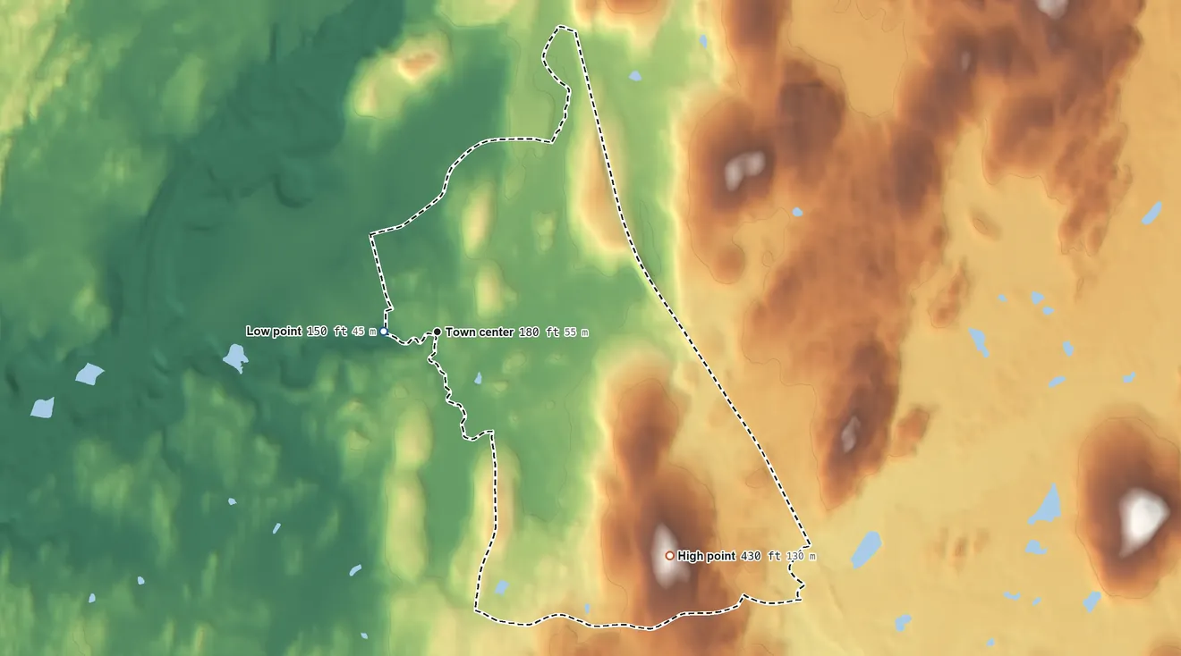 Topographic elevation map of New Hackensack, New York, shaded from 150 ft near the middle to 430 ft on the southeast side