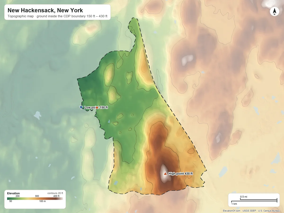 Topographic elevation map of New Hackensack, New York, shaded from 150 ft near the middle to 430 ft on the southeast side