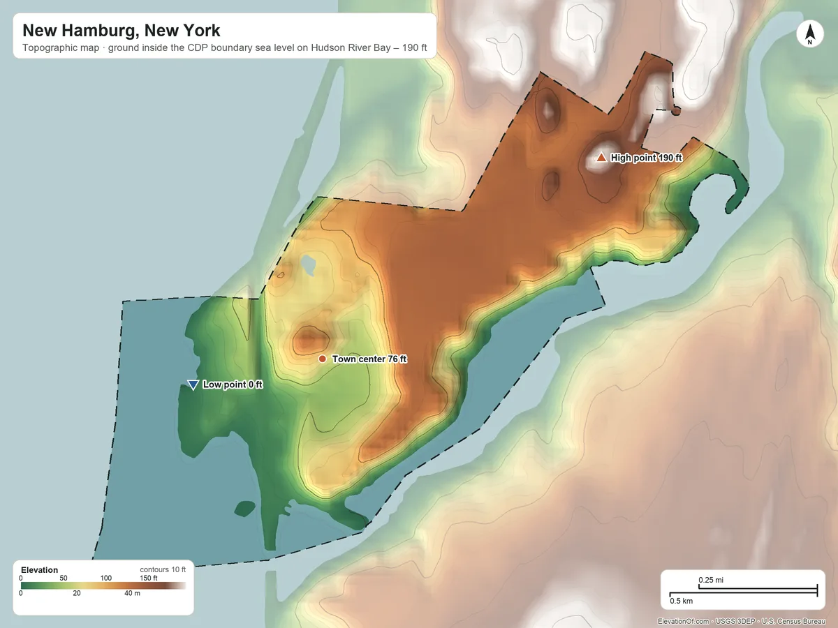 Topographic elevation map of New Hamburg, New York, shaded from sea level level on Hudson River Bay to 190 ft on the northeast side