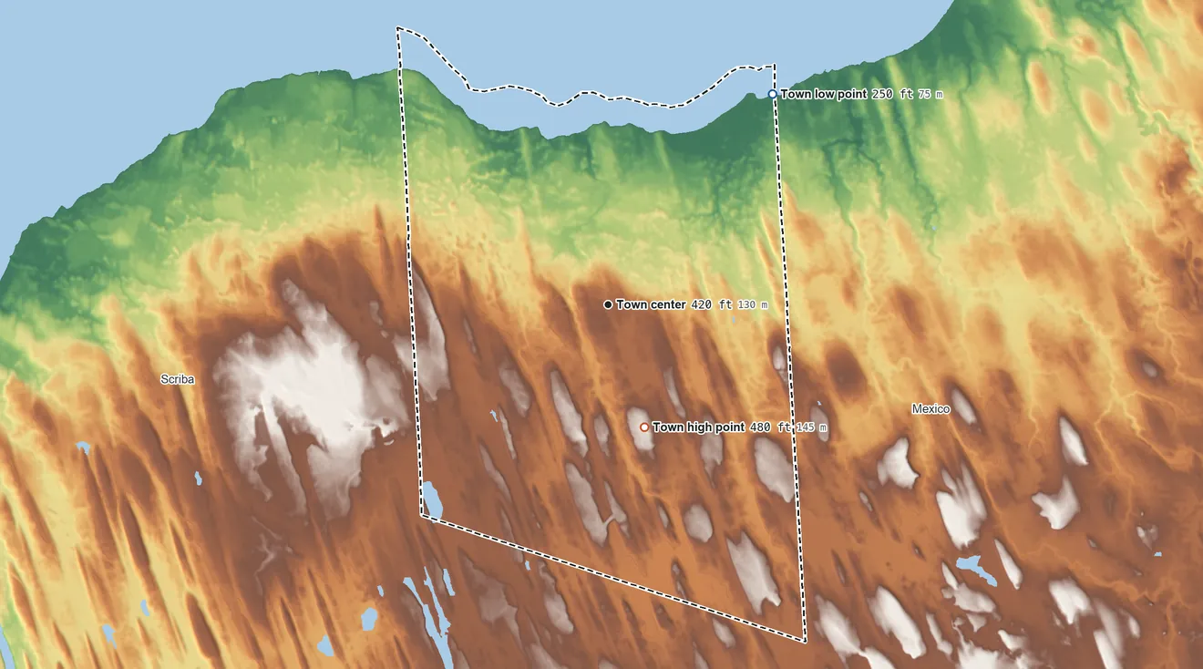 Topographic elevation map of New Haven, New York, shaded from 250 ft on the northeast side to 480 ft on the south side