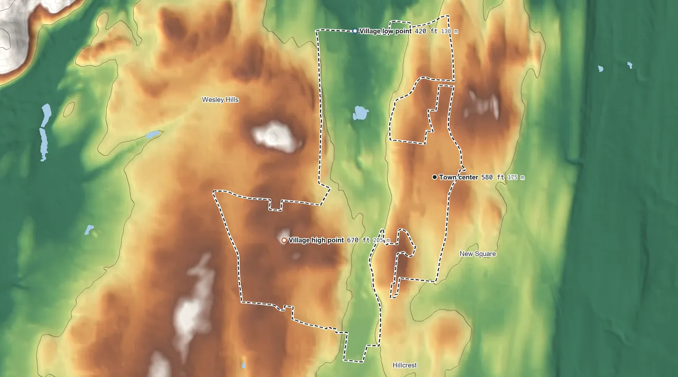 Topographic elevation map of New Hempstead, New York, shaded from 420 ft on the northwest side to 670 ft on the southwest side