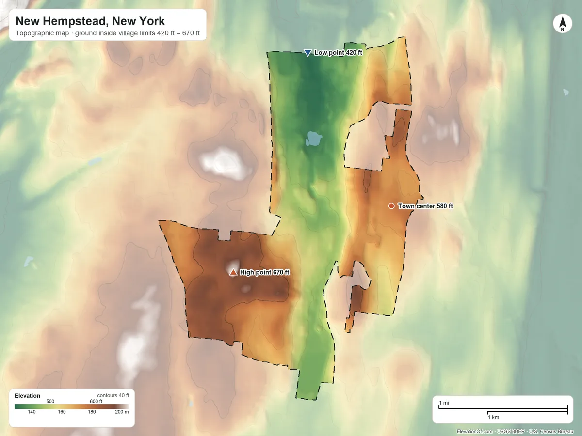 Topographic elevation map of New Hempstead, New York, shaded from 420 ft on the northwest side to 670 ft on the southwest side