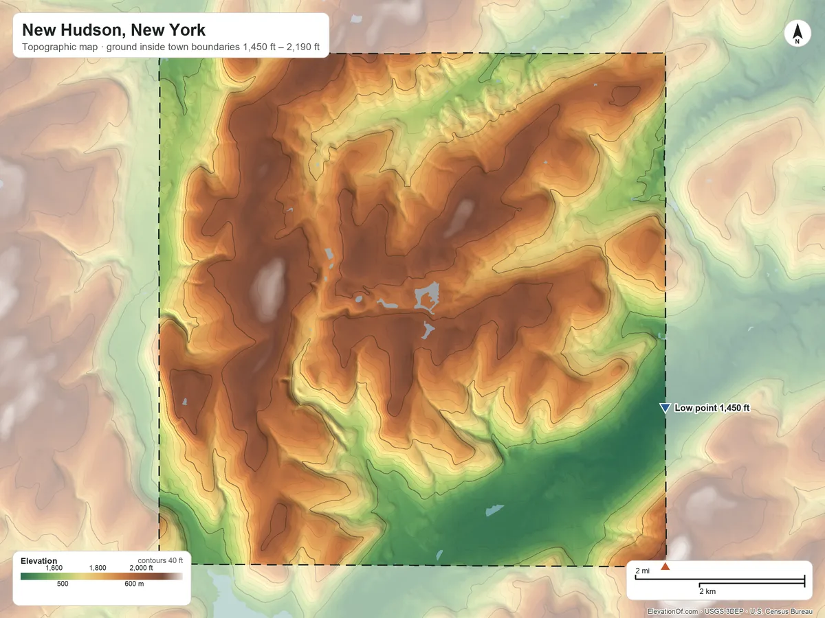 Topographic elevation map of New Hudson, New York, shaded from 1,450 ft on the east side to 2,190 ft on the southeast side