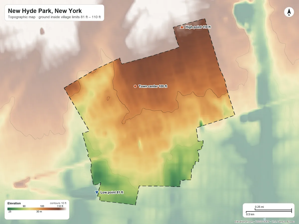 Topographic elevation map of New Hyde Park, New York, shaded from 81 ft on the south side to 110 ft on the northeast side