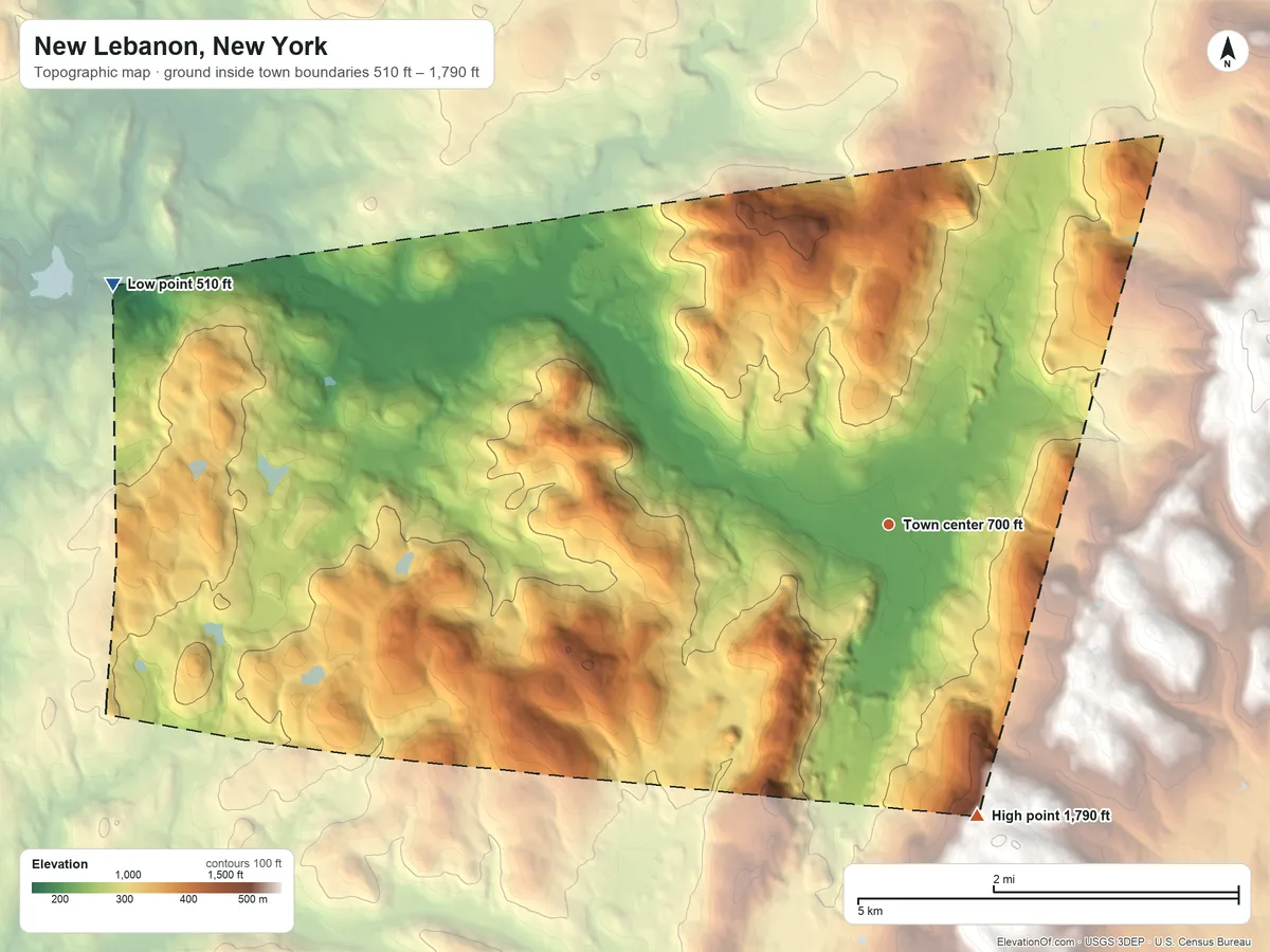 Topographic elevation map of New Lebanon, New York, shaded from 510 ft on the west side to 1,790 ft on the south side