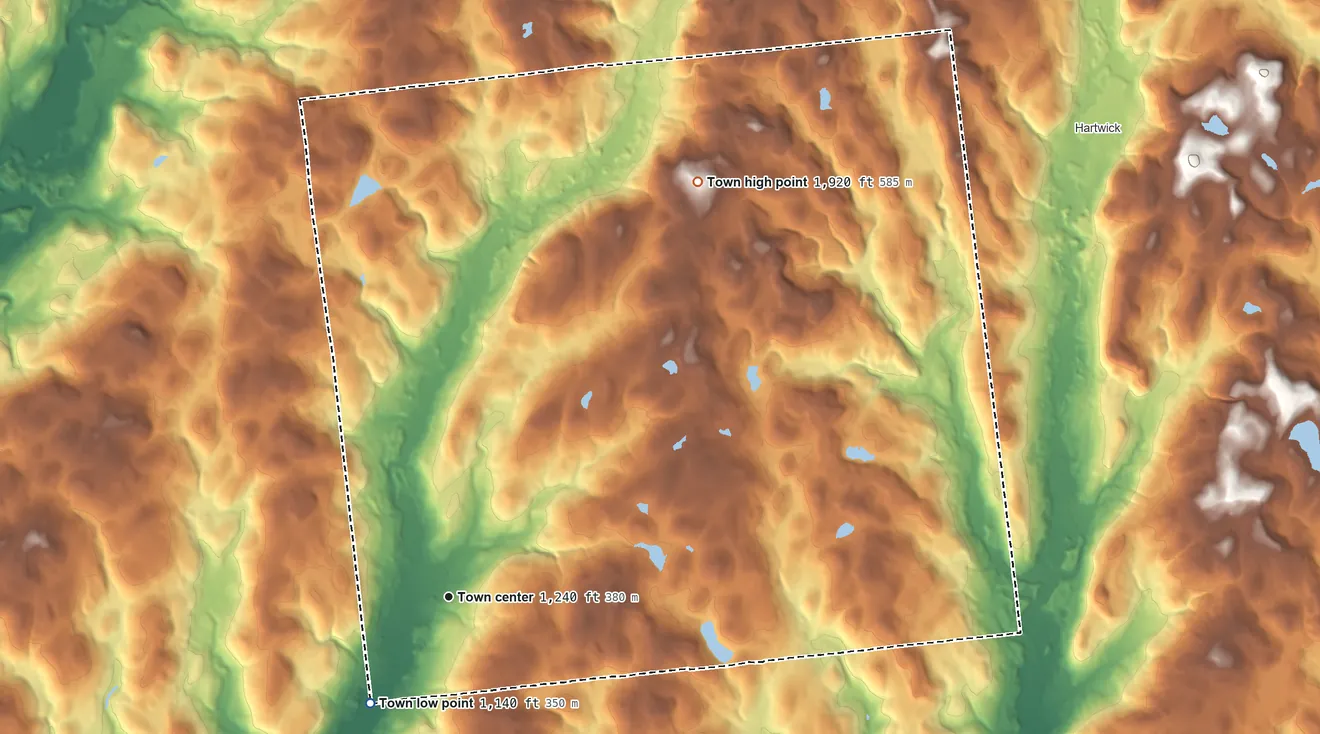 Topographic elevation map of New Lisbon, New York, shaded from 1,140 ft on the southwest side to 1,920 ft on the northeast side