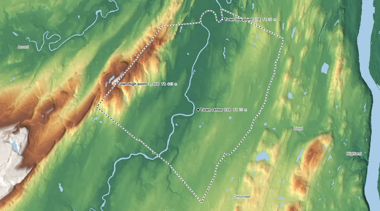 Topographic elevation map of New Paltz, New York, shaded from 170 ft on the north side to 1,460 ft on the west side