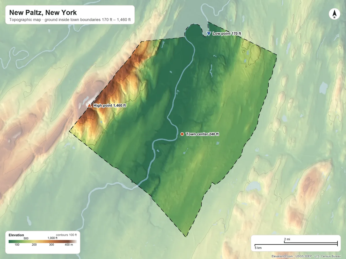Topographic elevation map of New Paltz, New York, shaded from 170 ft on the north side to 1,460 ft on the west side