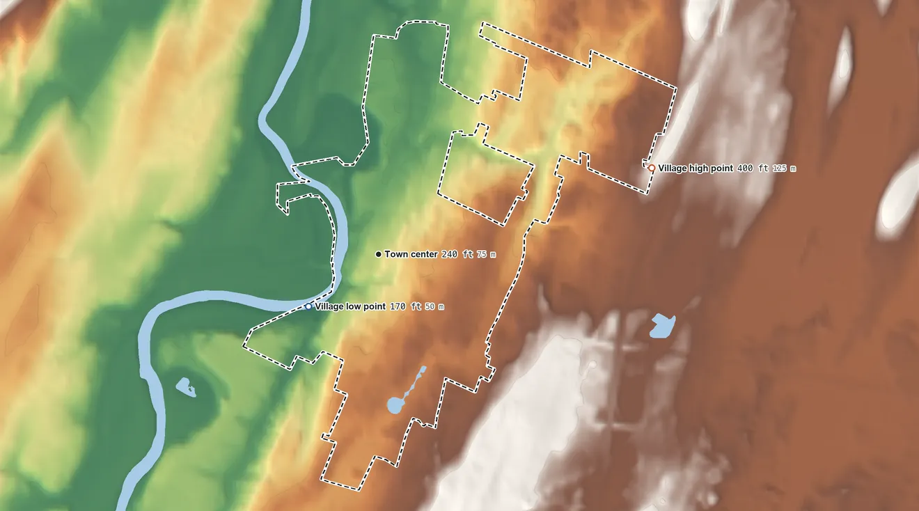 Topographic elevation map of Village of New Paltz, New York, shaded from 170 ft on the southwest side to 400 ft on the east side