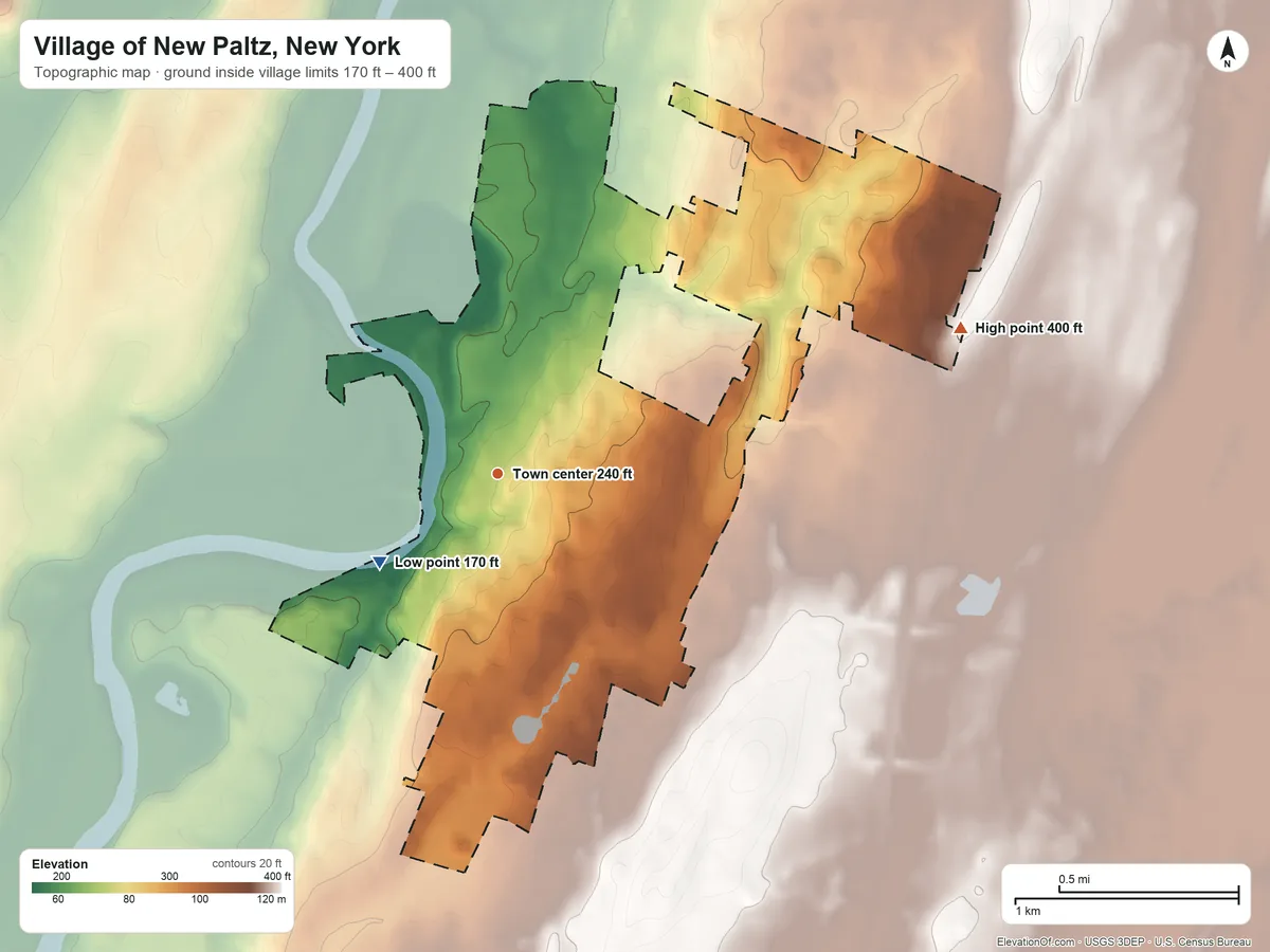 Topographic elevation map of Village of New Paltz, New York, shaded from 170 ft on the southwest side to 400 ft on the east side