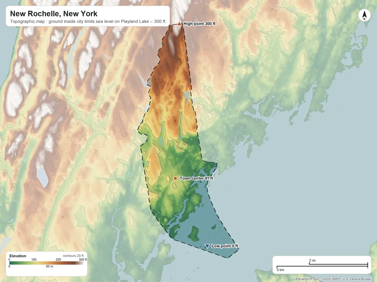 Topographic elevation map of New Rochelle, New York, shaded from sea level level on Playland Lake to 300 ft on the north side