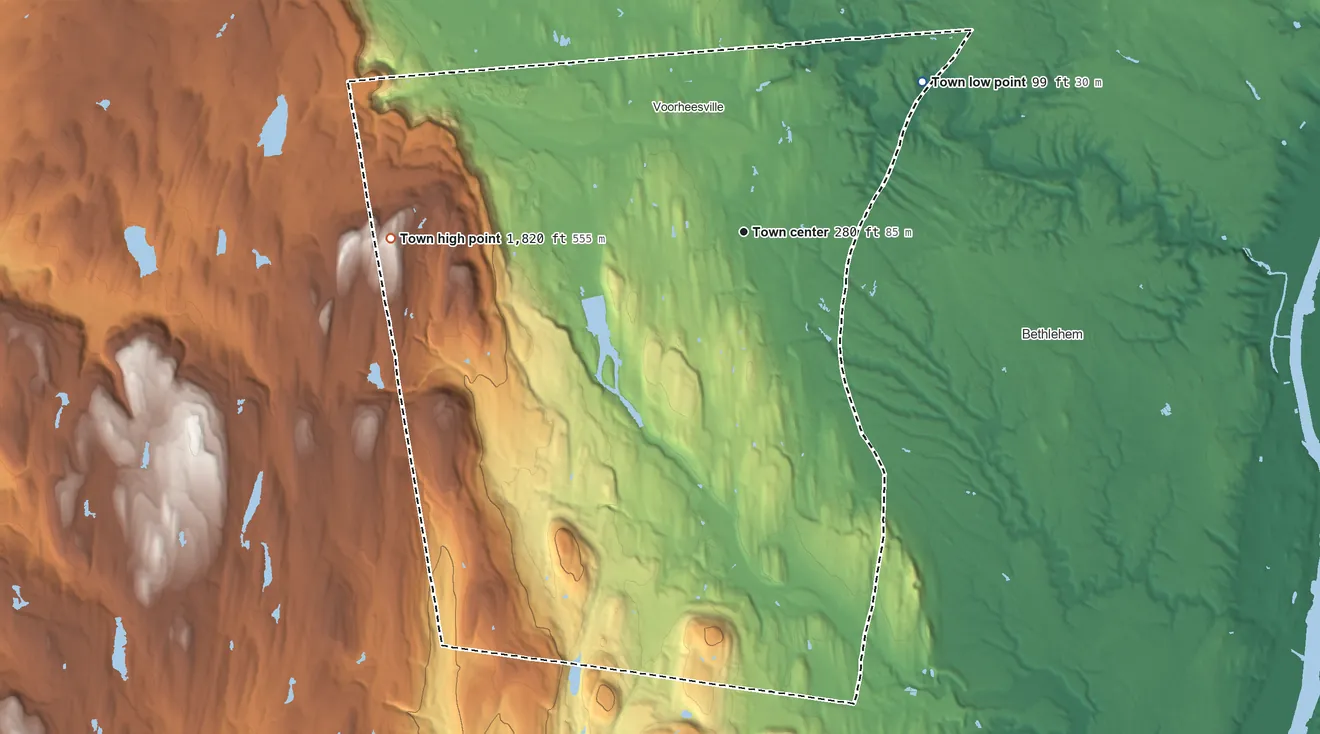 Topographic elevation map of New Scotland, New York, shaded from 99 ft on the northeast side to 1,820 ft on the west side