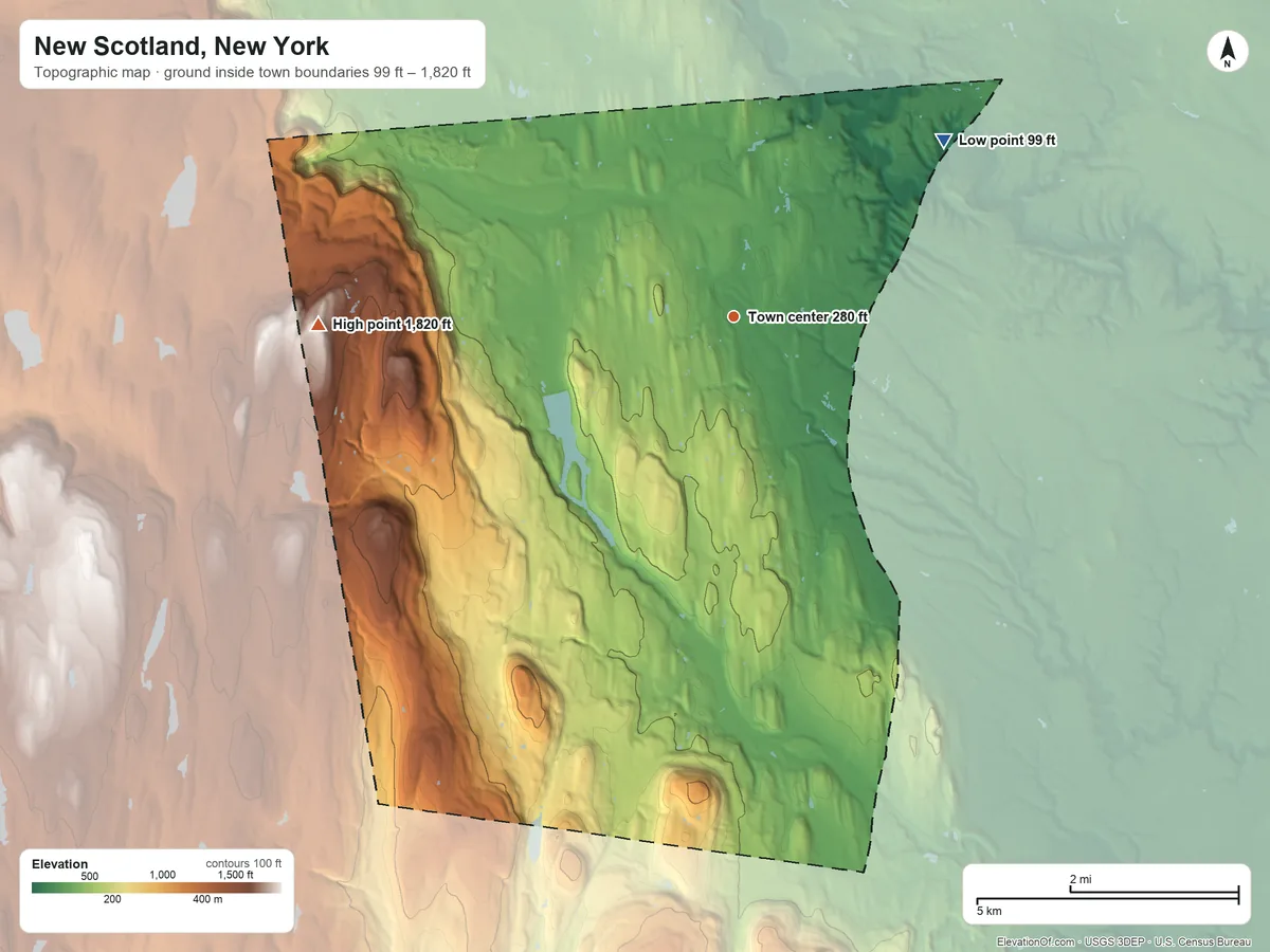 Topographic elevation map of New Scotland, New York, shaded from 99 ft on the northeast side to 1,820 ft on the west side