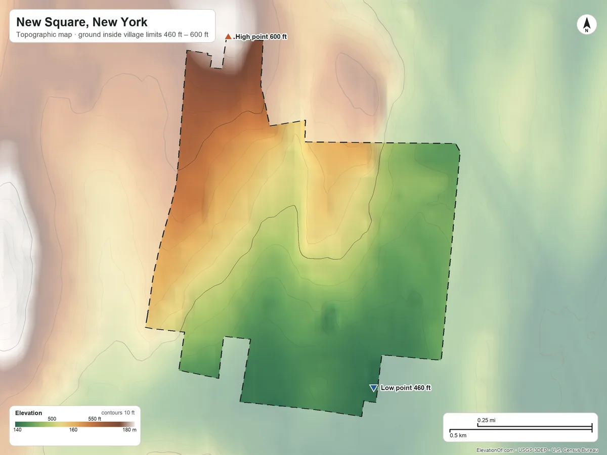 Topographic elevation map of New Square, New York, shaded from 460 ft on the southeast side to 600 ft on the north side