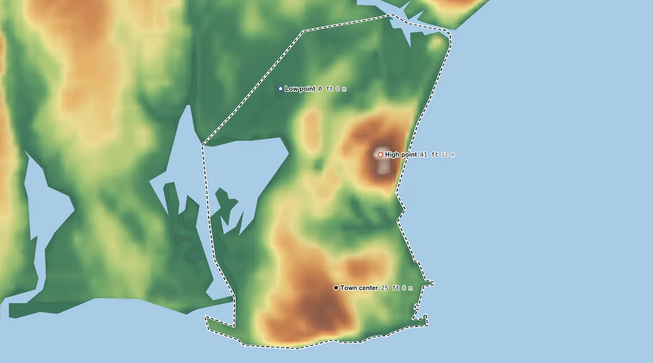 Topographic elevation map of New Suffolk, New York, shaded from sea level level on Great Peconic Bay to 41 ft on the north side