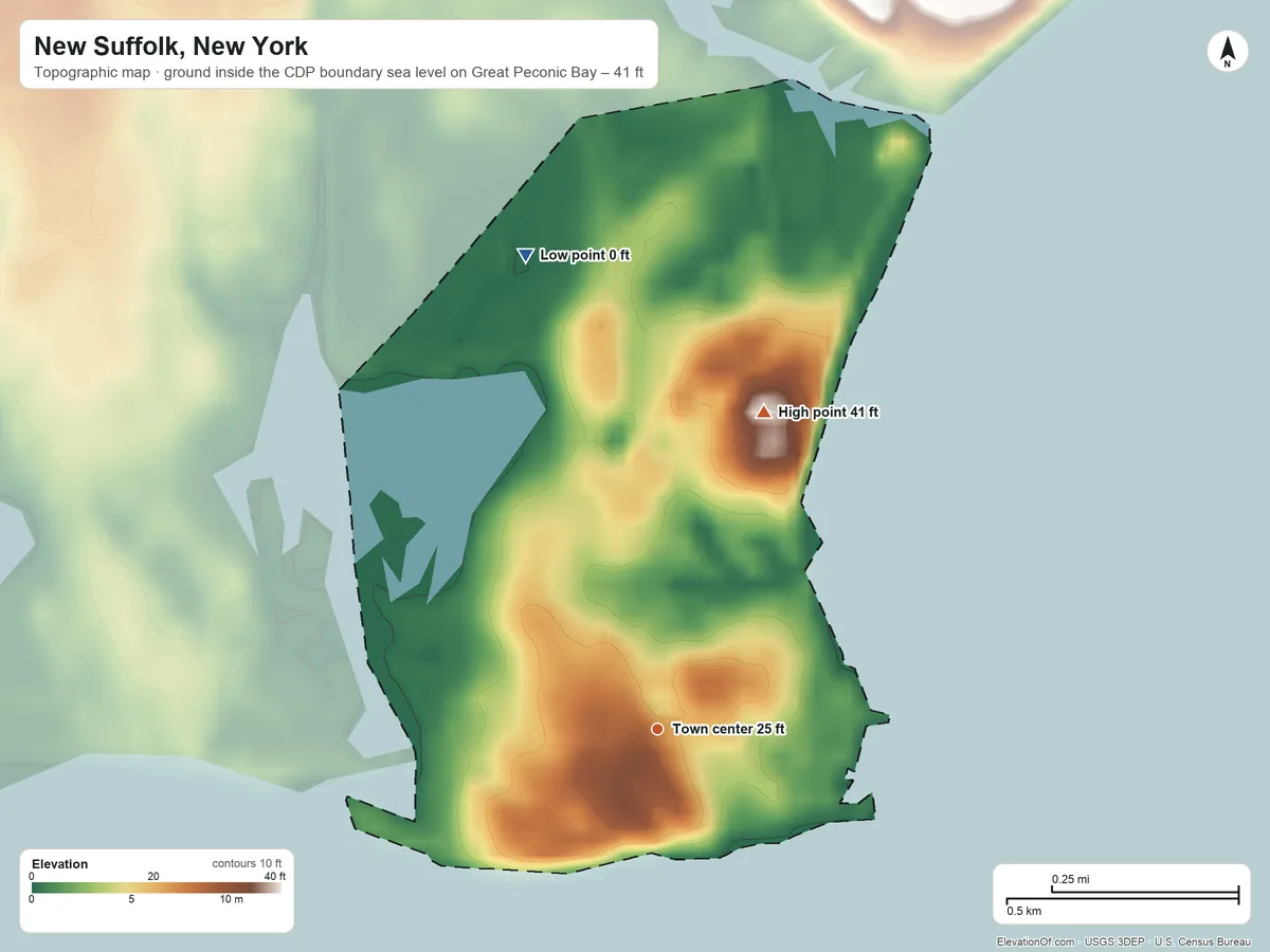 Topographic elevation map of New Suffolk, New York, shaded from sea level level on Great Peconic Bay to 41 ft on the north side