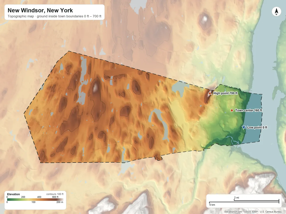 Topographic elevation map of New Windsor, New York, shaded from 0 ft near the middle to 700 ft on Snake Hill