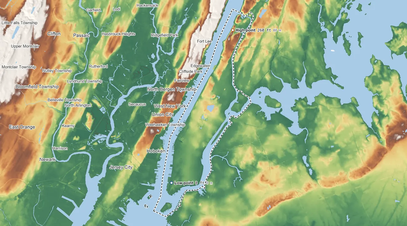Topographic elevation map of New York County, New York, shaded from sea level on Upper New York Bay to 260 ft on Long Hill