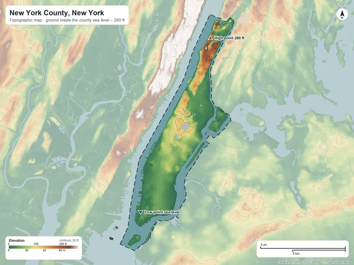 Topographic elevation map of New York County, New York, shaded from sea level on Upper New York Bay to 260 ft on Long Hill