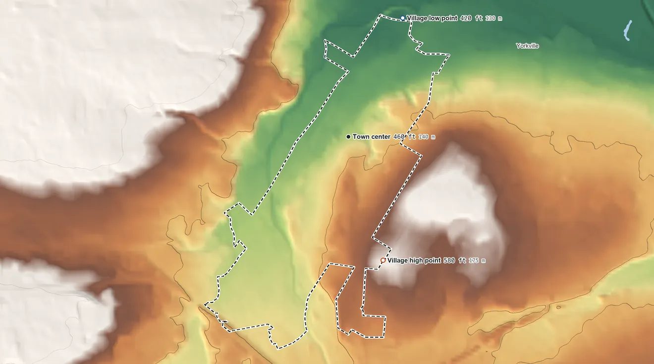 Topographic elevation map of New York Mills, New York, shaded from 420 ft on the northeast side to 580 ft on the south side