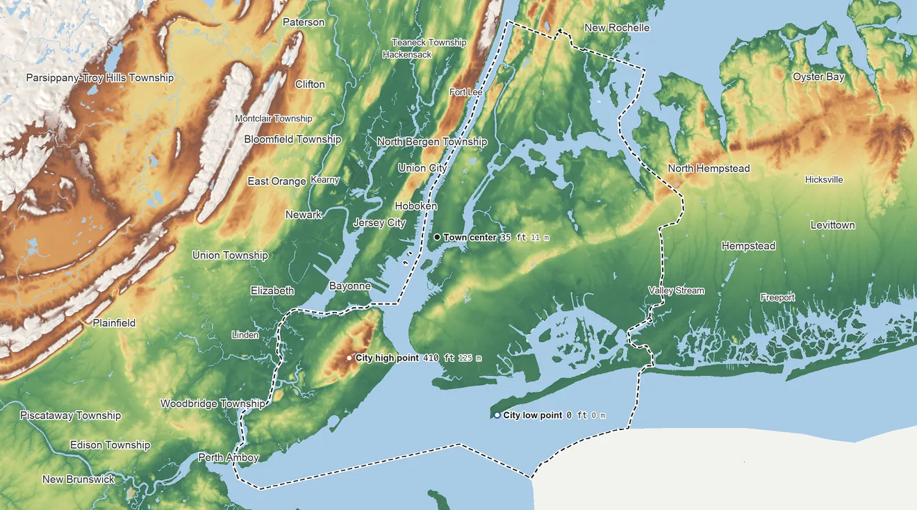 Topographic elevation map of New York, New York, shaded from sea level level on the Atlantic Ocean to 410 ft on the southwest side