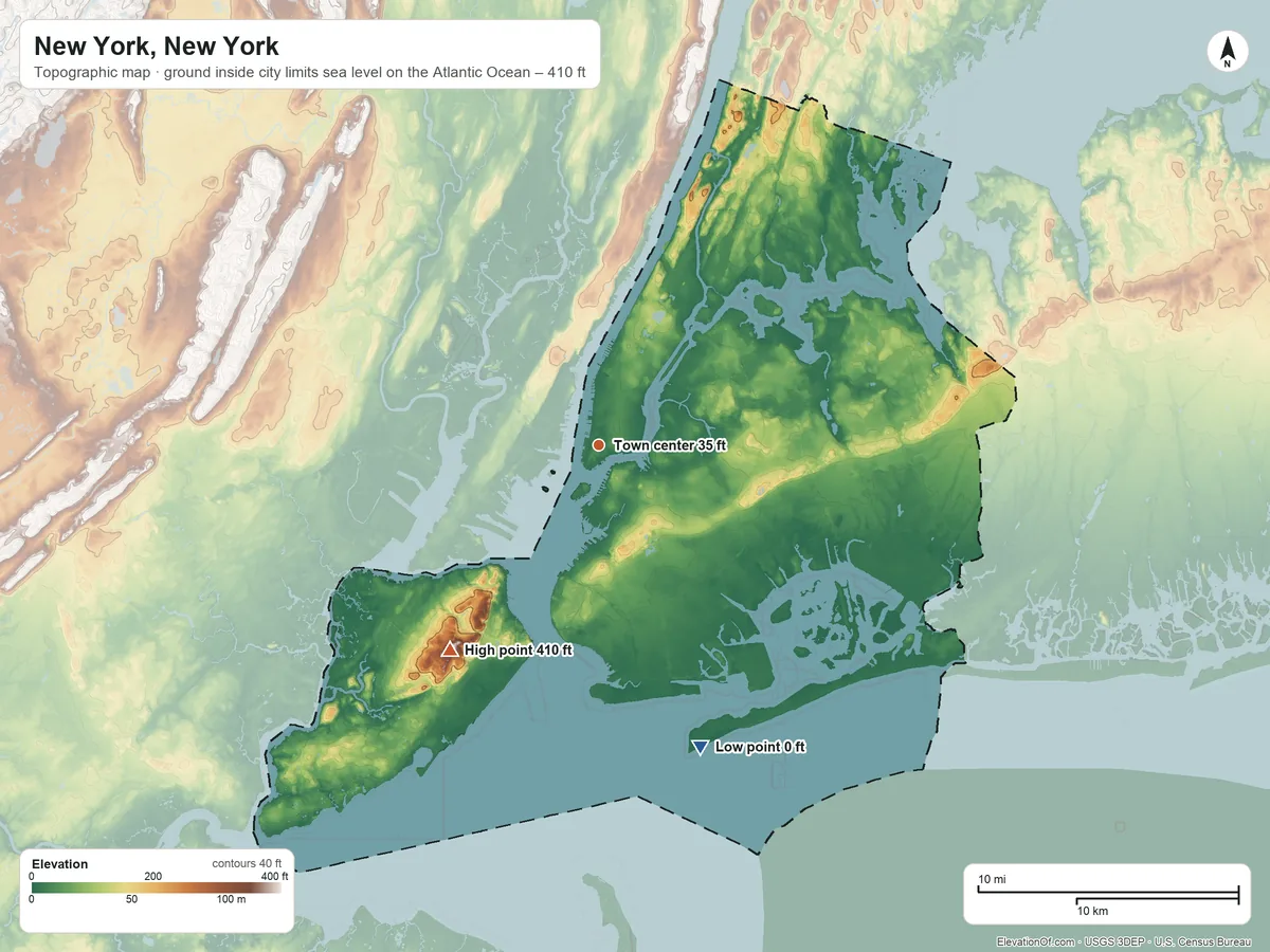 Topographic elevation map of New York, New York, shaded from sea level level on the Atlantic Ocean to 410 ft on the southwest side