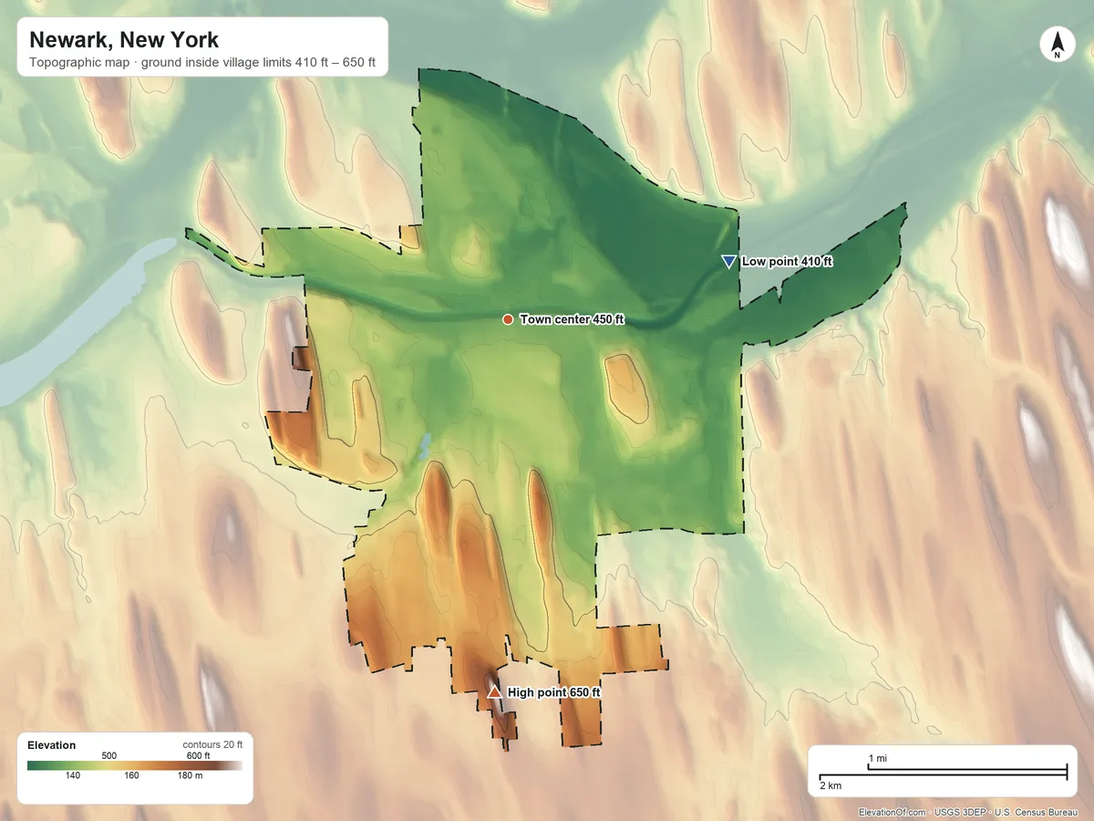 Topographic elevation map of Newark, New York, shaded from 410 ft on the east side to 650 ft on the south side