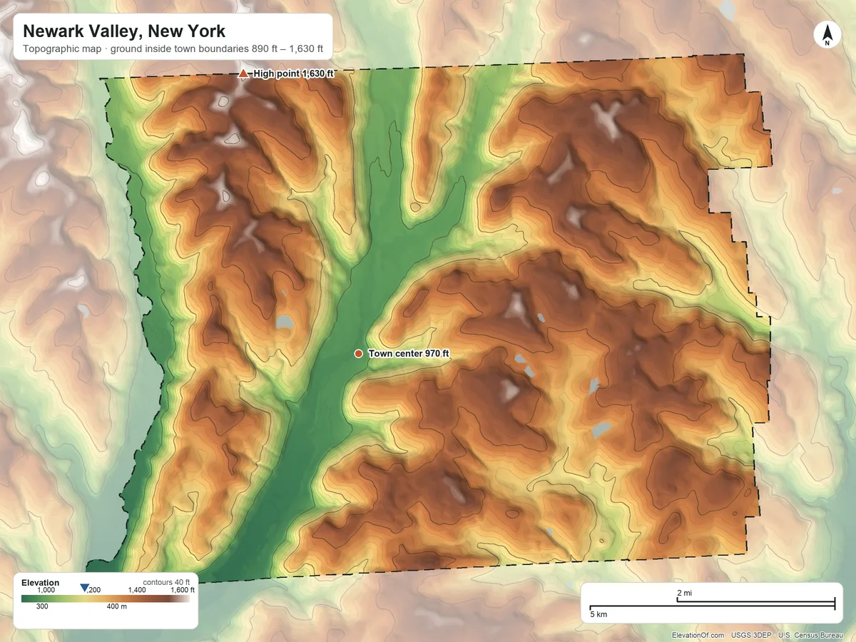Topographic elevation map of Newark Valley, New York, shaded from 890 ft on the southwest side to 1,630 ft on the north side