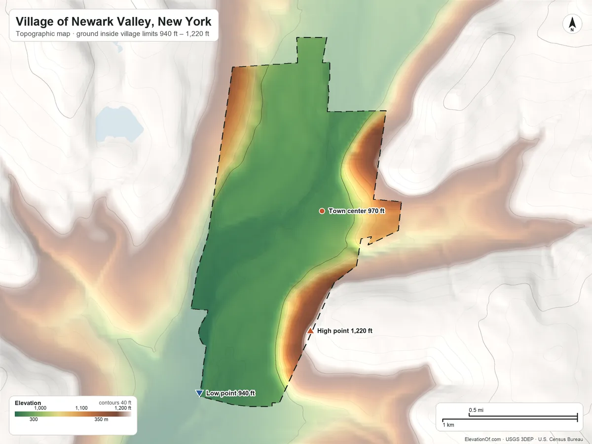 Topographic elevation map of Village of Newark Valley, New York, shaded from 940 ft on the southwest side to 1,220 ft on the south edge, below higher ground just outside