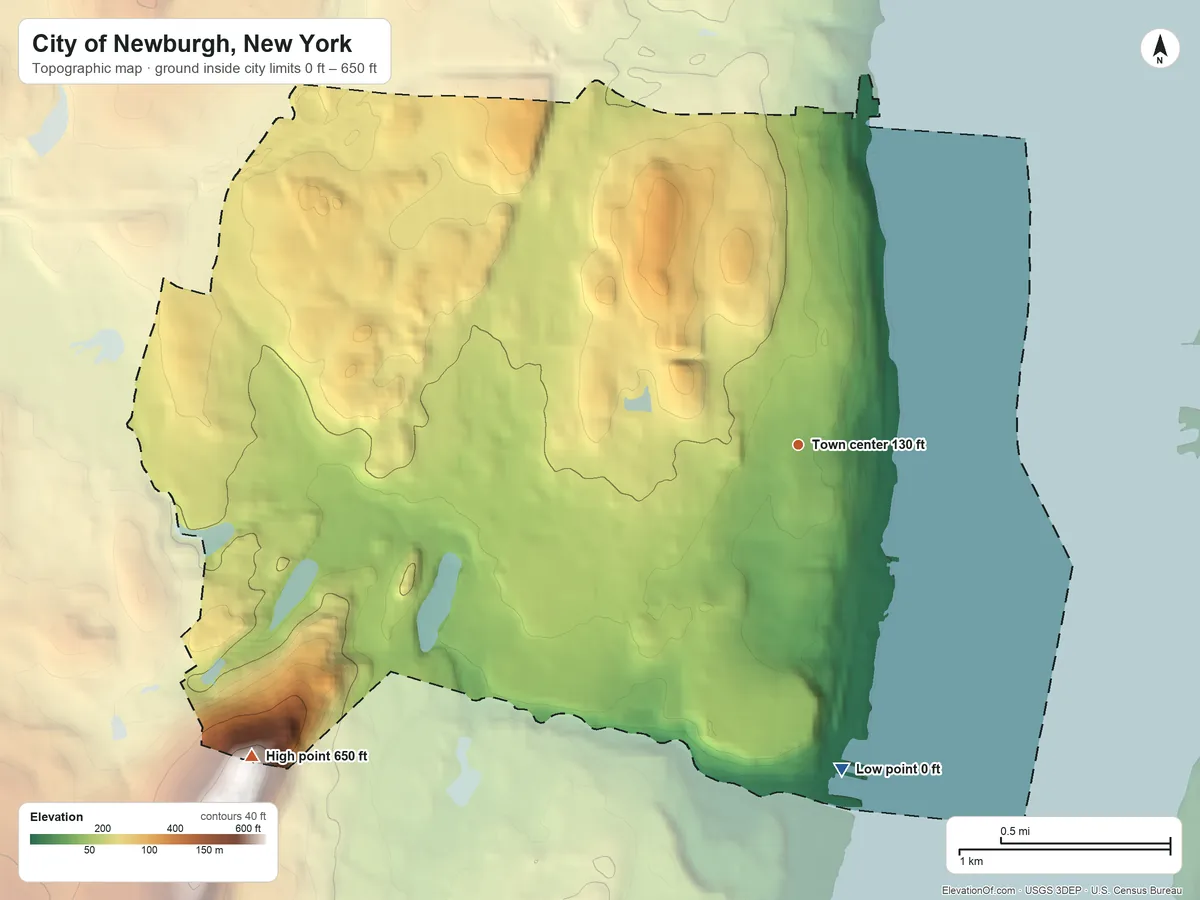 Topographic elevation map of City of Newburgh, New York, shaded from 0 ft on the south side to 650 ft on the southwest edge, below higher ground just outside