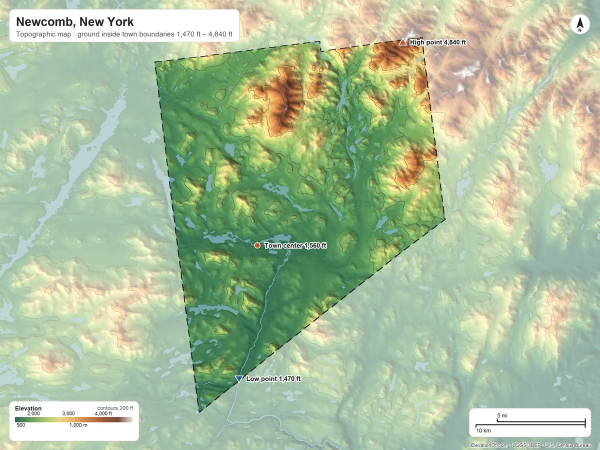 Topographic elevation map of Newcomb, New York, shaded from 1,470 ft on the south side to 4,840 ft on Iroquois Peak
