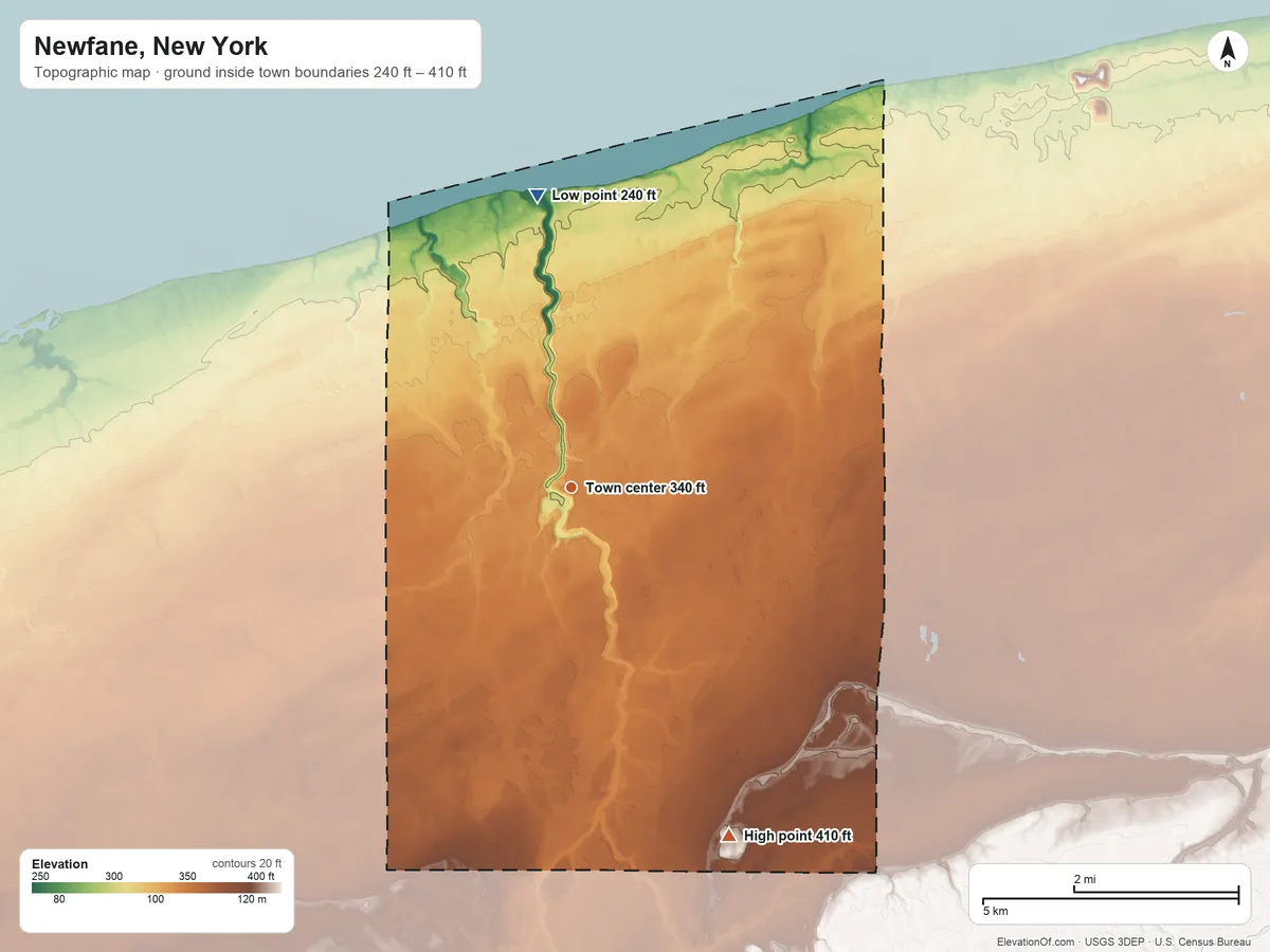 Topographic elevation map of Newfane, New York, shaded from 240 ft on the north side to 410 ft on the southeast side