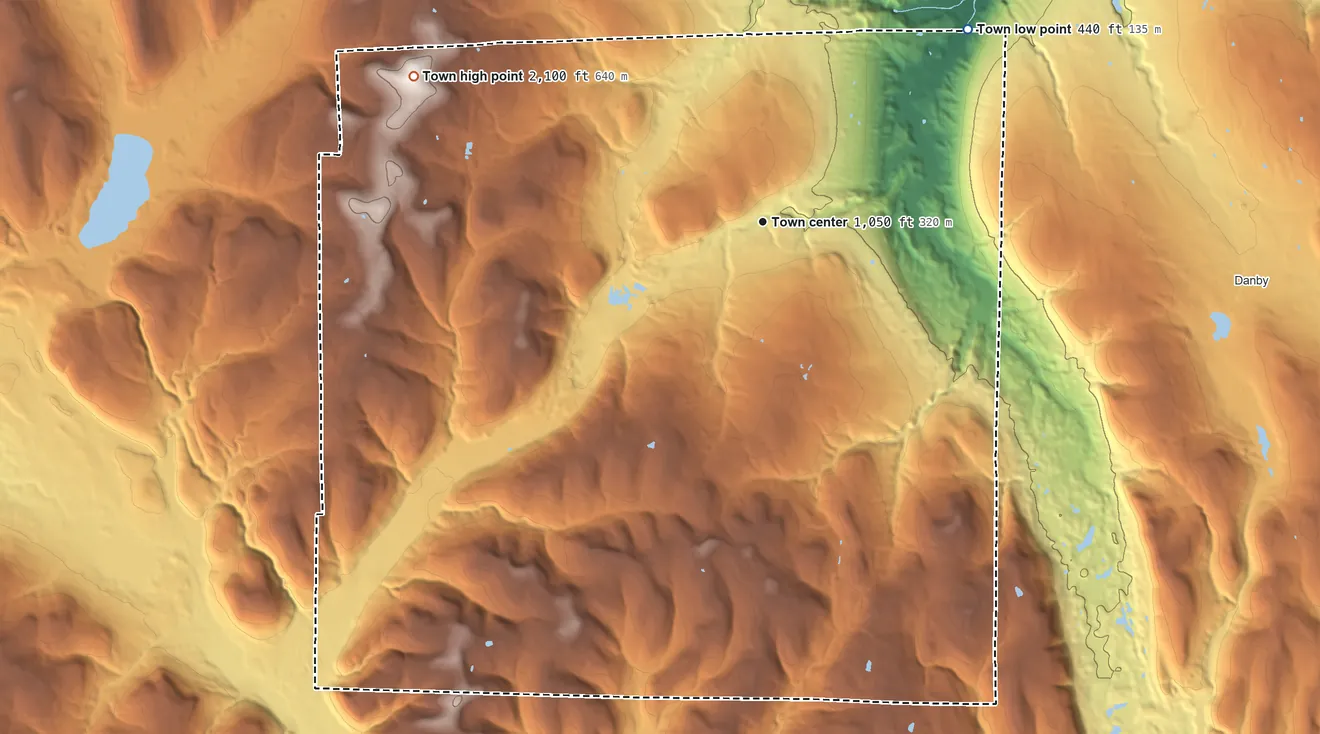 Topographic elevation map of Newfield, New York, shaded from 440 ft on the northeast side to 2,100 ft on Connecticut Hill