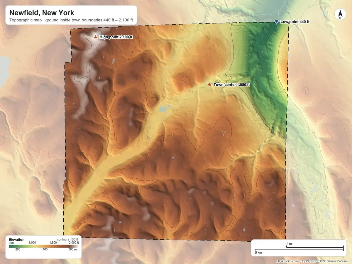 Topographic elevation map of Newfield, New York, shaded from 440 ft on the northeast side to 2,100 ft on Connecticut Hill