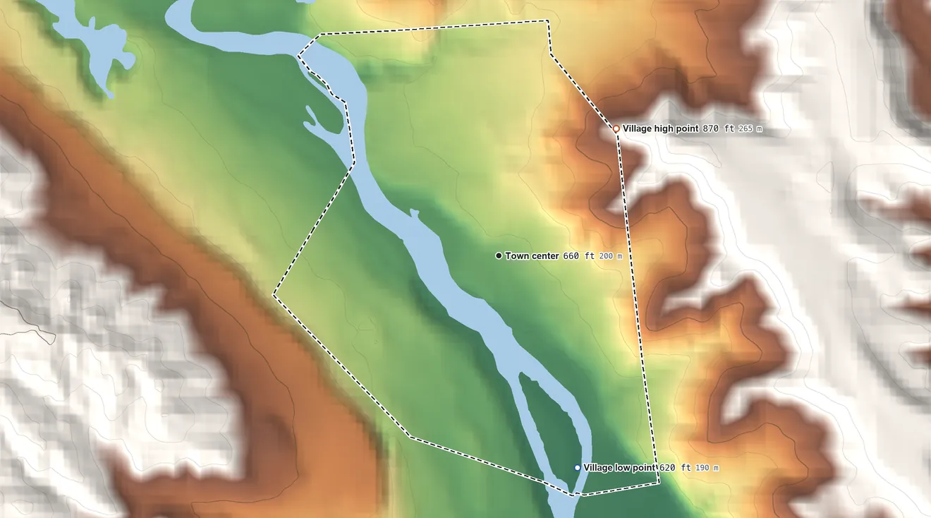 Topographic elevation map of Village of Newport, New York, shaded from 620 ft on the south side to 870 ft on the northeast edge, below higher ground just outside