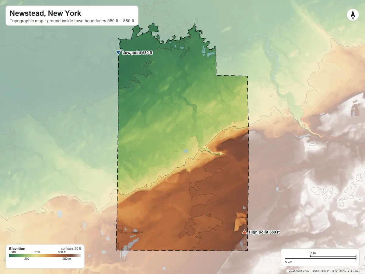 Topographic elevation map of Newstead, New York, shaded from 580 ft on the northwest side to 880 ft on the southeast side