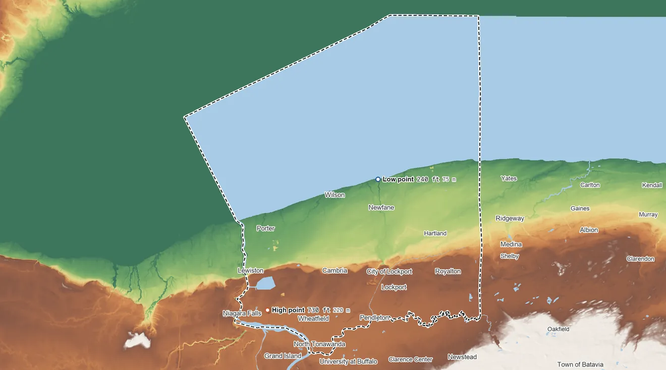 Topographic elevation map of Niagara County, New York, shaded from 240 ft on the east side to 730 ft on the southwest side