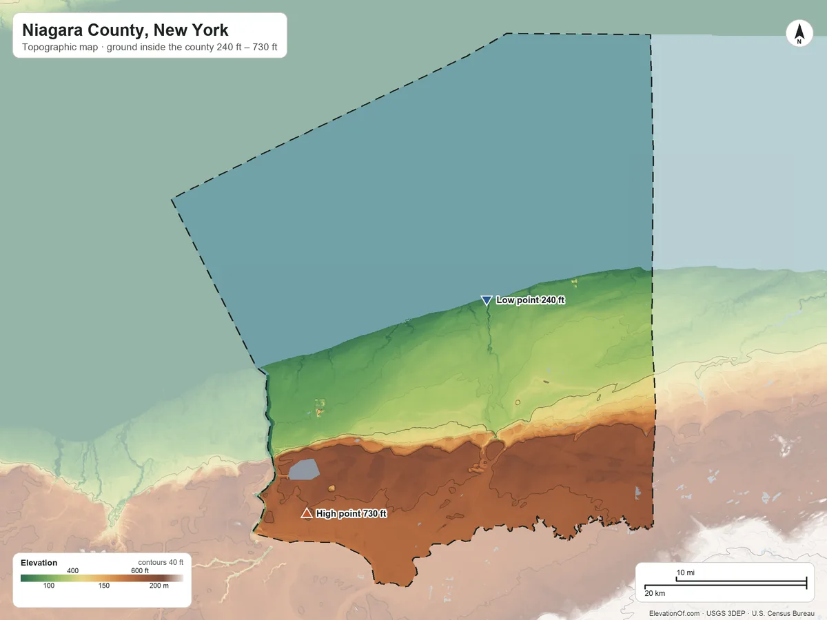 Topographic elevation map of Niagara County, New York, shaded from 240 ft on the east side to 730 ft on the southwest side