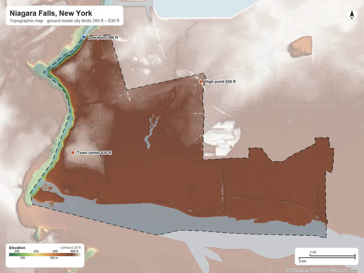 Topographic elevation map of Niagara Falls, New York, shaded from 260 ft on the north side to 630 ft on the northeast side