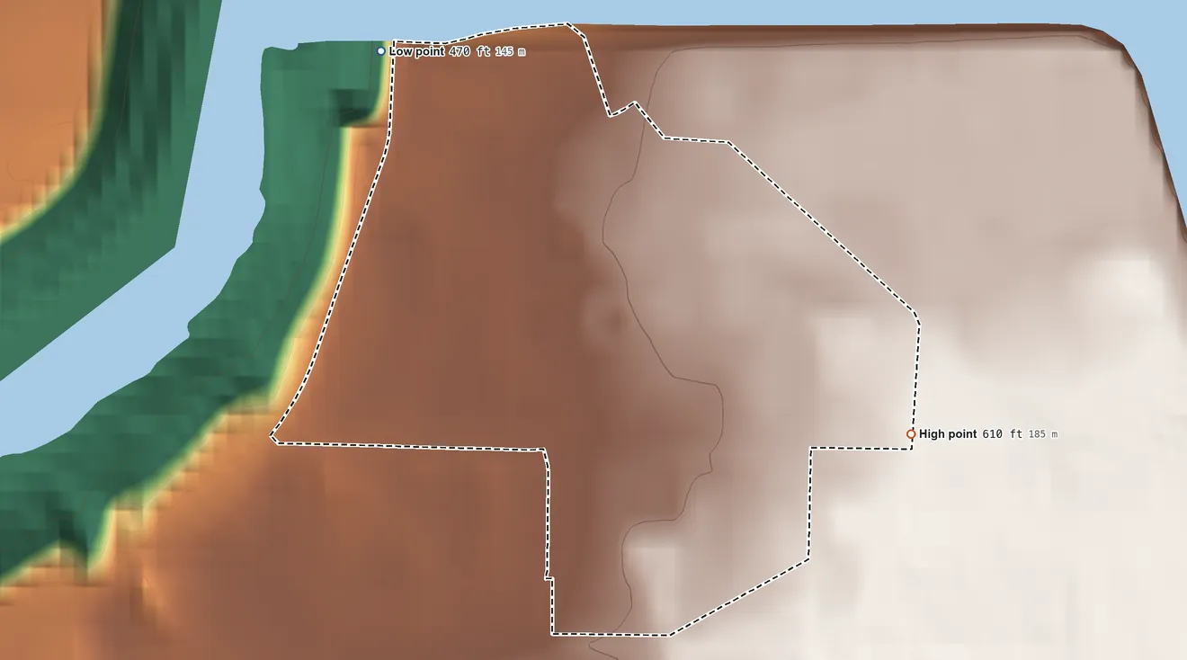 Topographic elevation map of Niagara University, New York, shaded from 470 ft on the northwest side to 610 ft on the southeast side