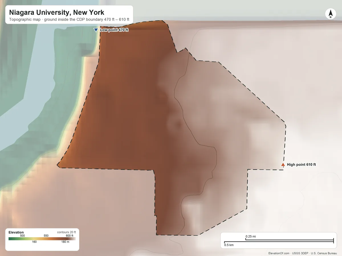 Topographic elevation map of Niagara University, New York, shaded from 470 ft on the northwest side to 610 ft on the southeast side