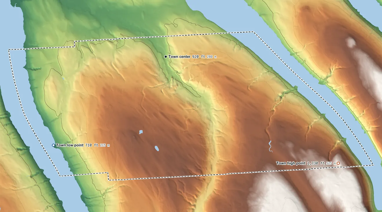 Topographic elevation map of Niles, New York, shaded from 710 ft on the southwest side to 1,730 ft on the southeast side